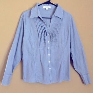 Causal and Office/Work Attire: Button-Down Navy and White stripes with pleats